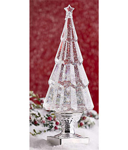 Clear Lighted Tree Water Lantern Acrylic Snow Globe With Silver Base
