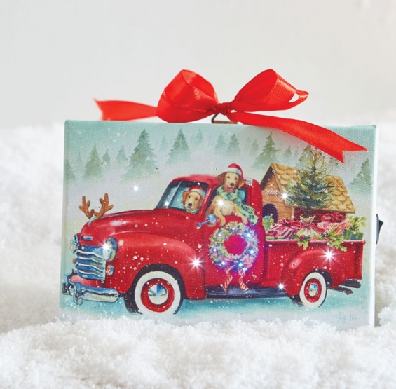 6" DOGS IN TRUCK LIGHTED PRINT ORNAMENT w/ EASEL BACK RAZ Christmas 3939423 NEW 