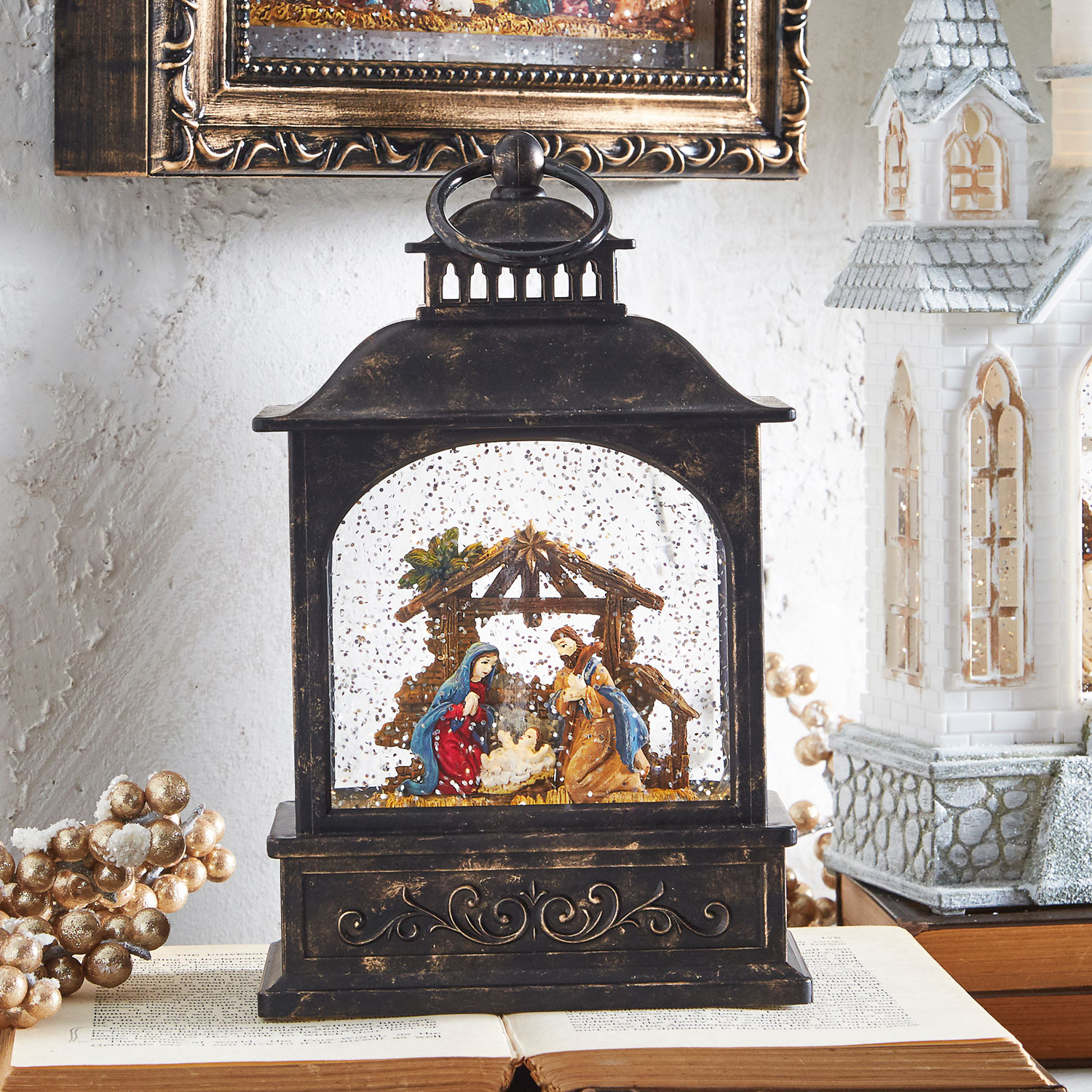 8 Inch Lighted Nativity Water Lantern In Swirling Glitter Battery Operated 