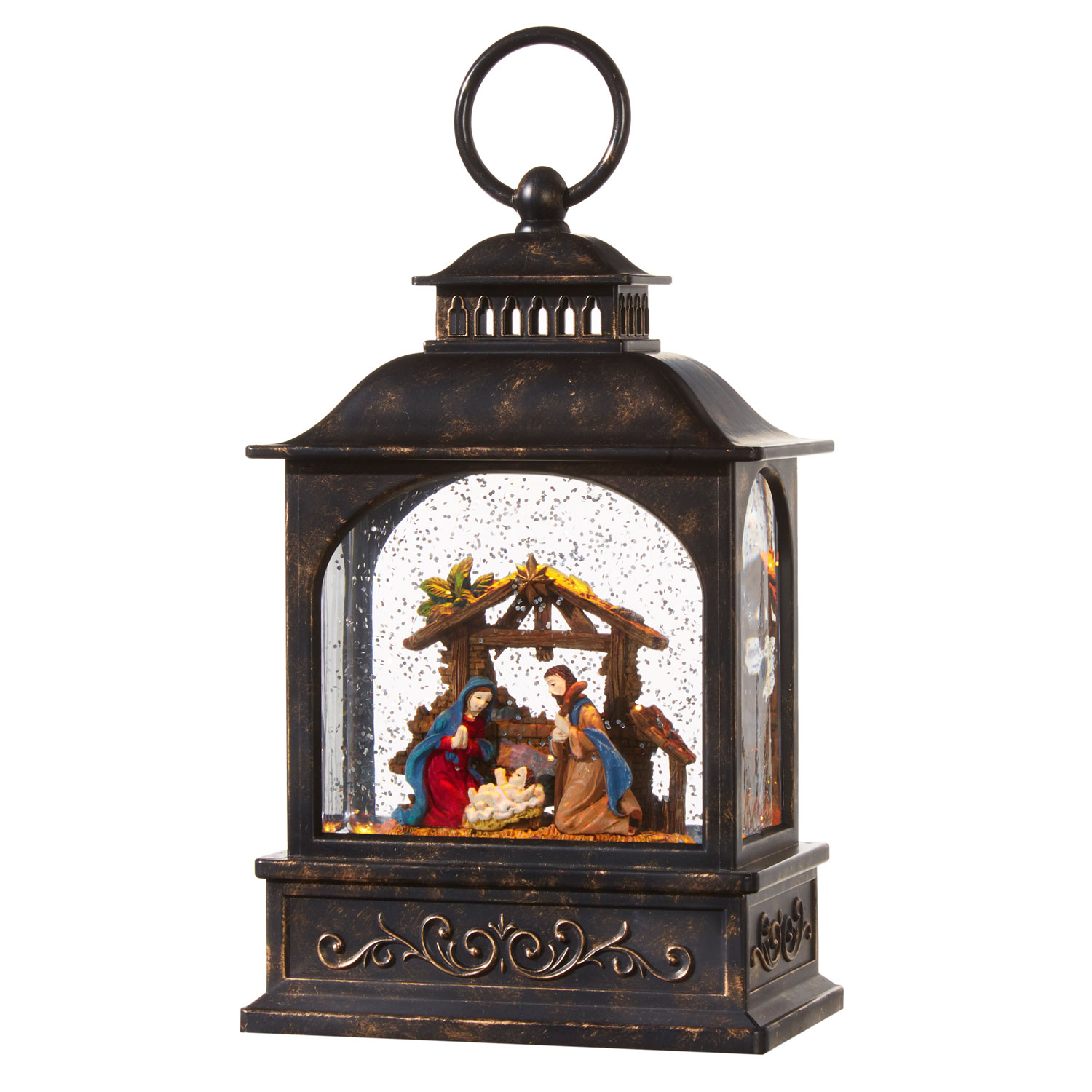 8 Inch Lighted Nativity Water Lantern In Swirling Glitter Battery Operated
