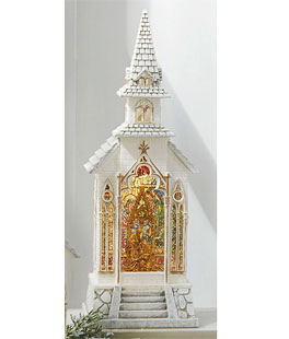 Lighted Water Lantern Stained Glass Church With Holy Family - USB Cord Included