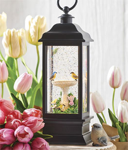 Birdbath With Birds Lighted Water Lantern In Swirling Glitter - 11 Inch