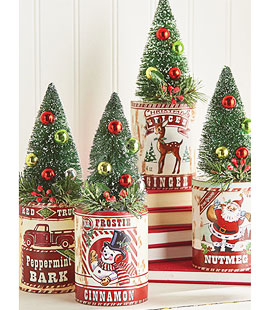 Set of 4 Holiday Spice Containers With Decorated Tree - 8.5 Inch