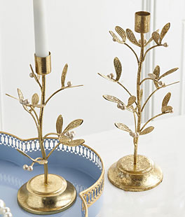 12" Gold Mistletoe Candlesticks Set of 2 From RAZ - NEW 2025