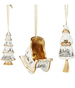 Toile Ornament  Set of 3 Assorted - Sled, Tree, Santa - NEW 2025