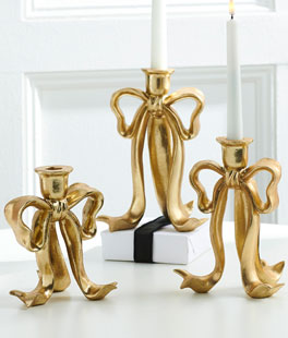 Set of 3 Gold Bow Candlesticks 9" From RAZ - NEW 2025 