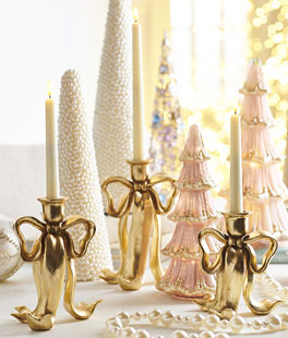 Set of 3 Gold Bow Candlesticks 9" From RAZ - NEW 2025