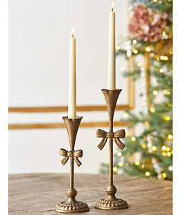 13" Gold Fluted Bow Candlesticks Set of 2 From RAZ - NEW 2025