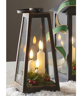 9.25" Bronze Lantern with Candles and Greenery - Timer New 2025