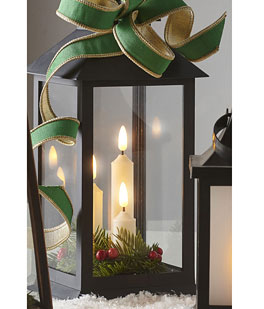 12" Black Lantern with Candles and Greenery - Timer New 2025