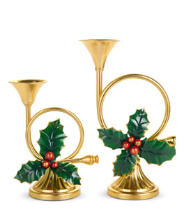 12" French Horn With Holly Gold Candlestick Holders - Set of 2 From RAZ NEW 2026 