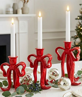 Set of 3 Red Bow Candlesticks 9" From RAZ - NEW 2026