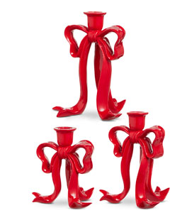 Set of 3 Red Bow Candlesticks 9" From RAZ - NEW 2026 
