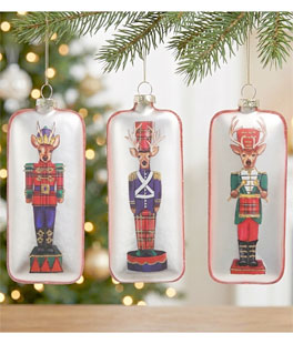 Deer Nutcracker Rectangle 5.5" Glass Ornament - Set/3 Assorted - NEW 2026