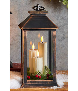 11.5" Bronze Lantern with Candles and Greenery - Timer New 2026