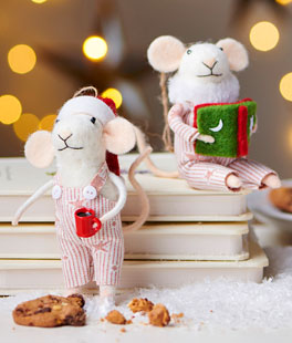 Mice Ornament Reading and Drinking Cocoa 6 Inch Set of 2 - NEW 2026