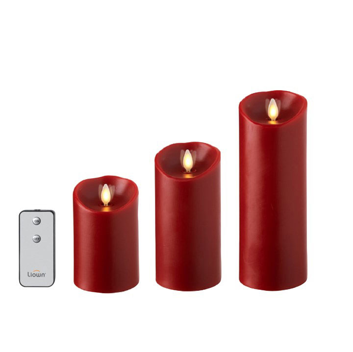 Set of 3 Moving Flame Red Pillar Candles Remote Included