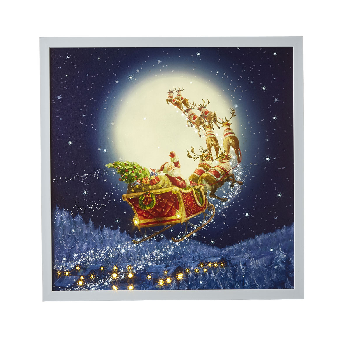 Flying Santa's Sleigh Lighted Print With Wood Frame 19.5 Inch From RAZ