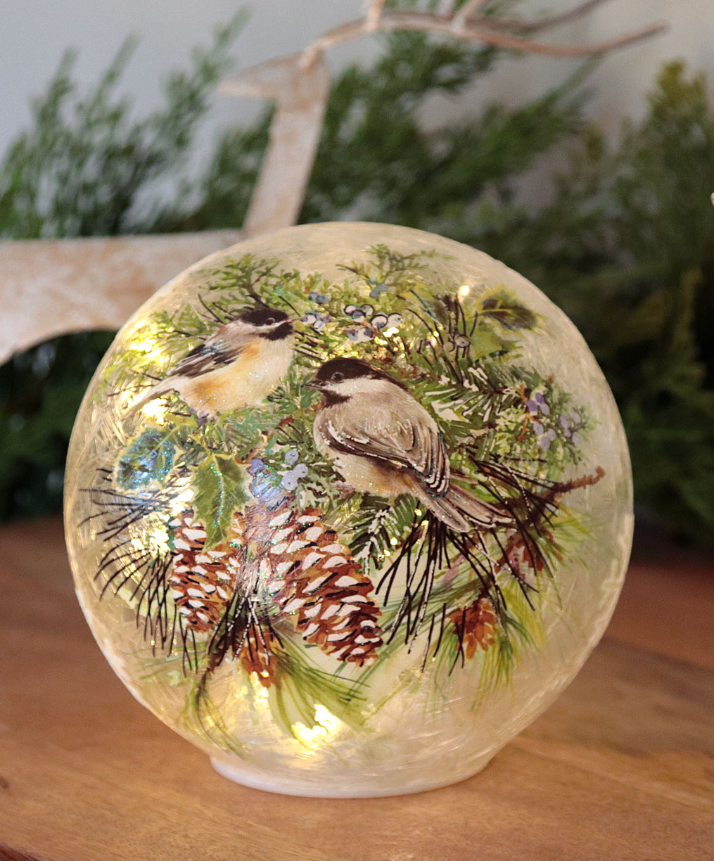 Raz Imports 2022 Winter Cottage 6 Winter Chickadee Lighted Crackle Ball