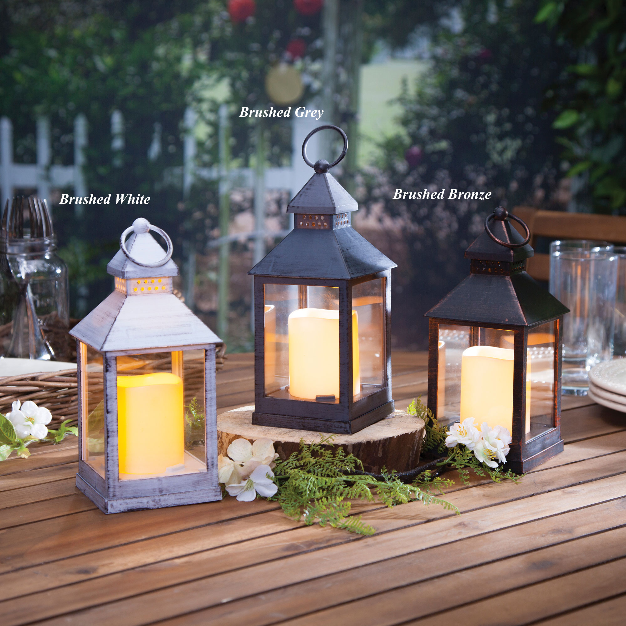 Battery Operated Brushed White Candle Lantern 9.25 Inch 5 Hour Timer