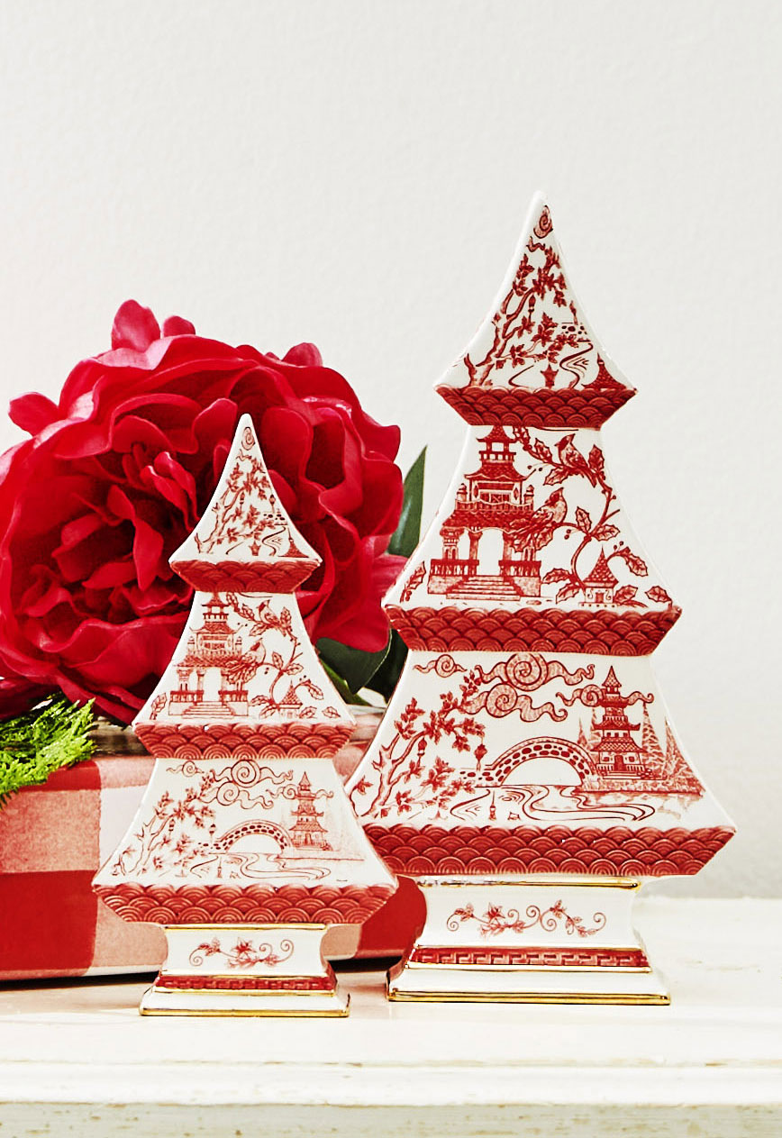 9 Inch Red Chinoiserie Trees Set of 2 - From RAZ Imports NEW 2025