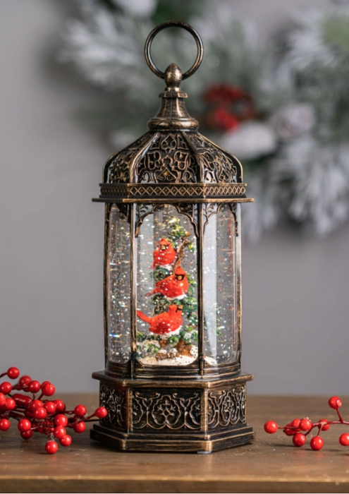 Christmas Snow Globe Water SWIRLING Color Change Light Cardinal Lantern Lori 