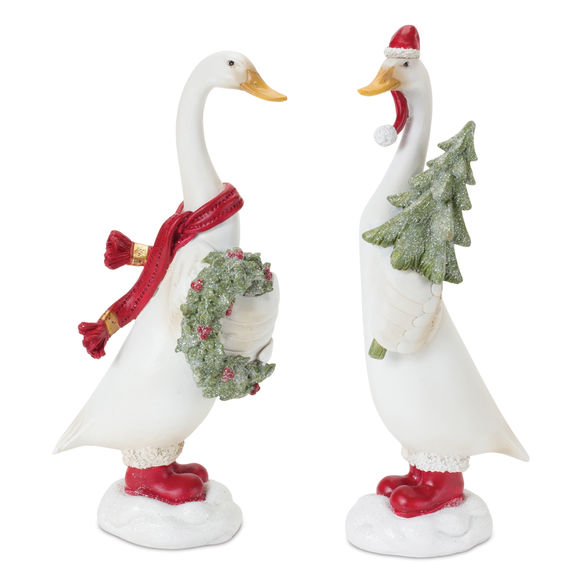 Christmas Goose Figurine Set of 2 Assorted Resin 9.5 10 Inch
