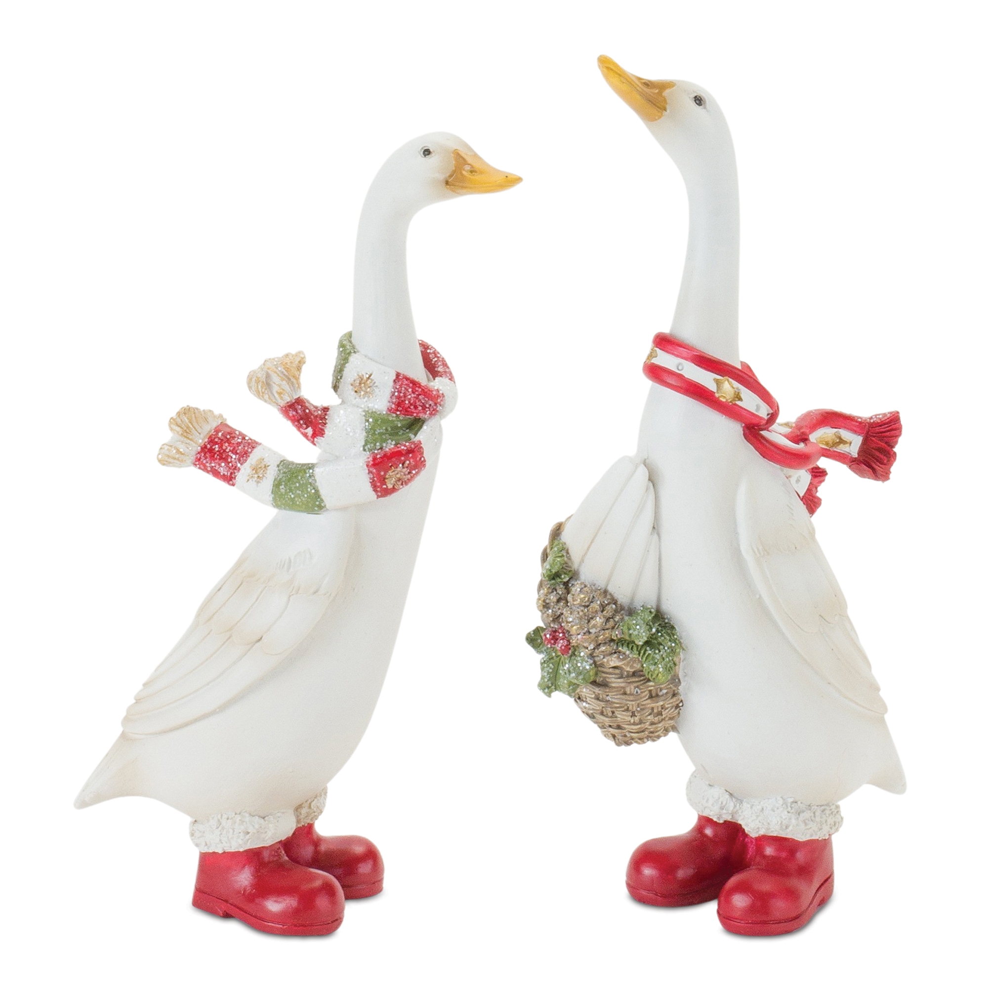 Christmas Goose Figurine Set of 2 Assorted Resin 6 6.5 Inch