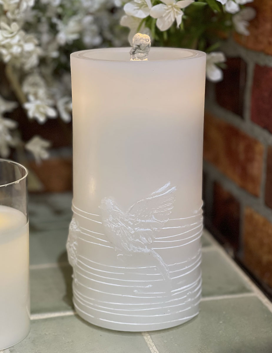 White Wax With Bird Design Aquaflame Fountain Candle Remote Control