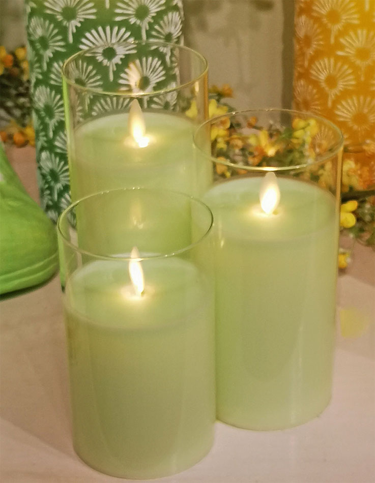 Light Green Moving Flame Glass Pillar Candles Set of 3 5,6,7 Inch