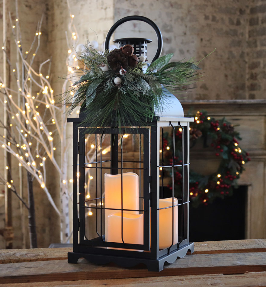 20.5” Battery Operated Lighted Holiday Lantern with Led Candle and Floral  Accent - Decorator's Warehouse