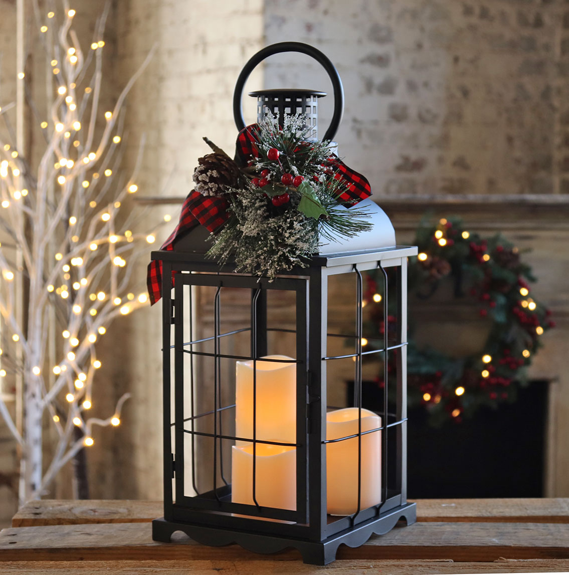 20.5” Battery Operated Lighted Holiday Lantern with Led Candle and Floral  Accent - Decorator's Warehouse