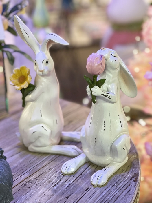 Set of 2 Assorted Bunny Holding Flowers - 10 Inch - NEW 2023