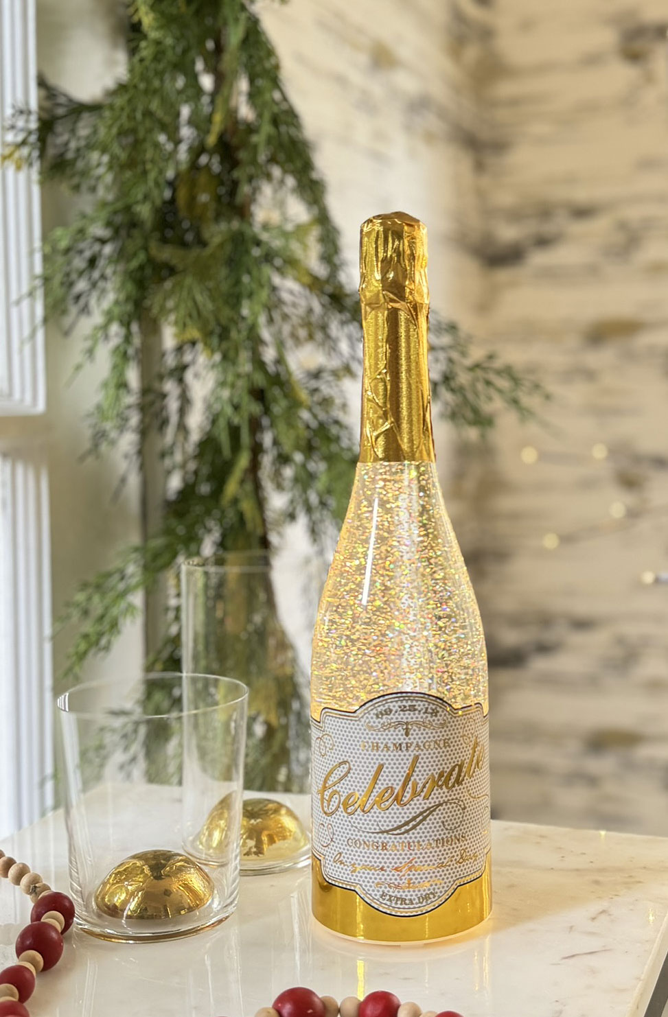 Champagne Bottle With Swirling Glitter Lighted Water Globe NEW 2024