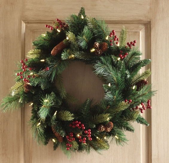 FRONTGATE CHRISTMAS HOLIDAY WINDOW DOOR WREATH W/ CORDLESS LED TIMER 30" 