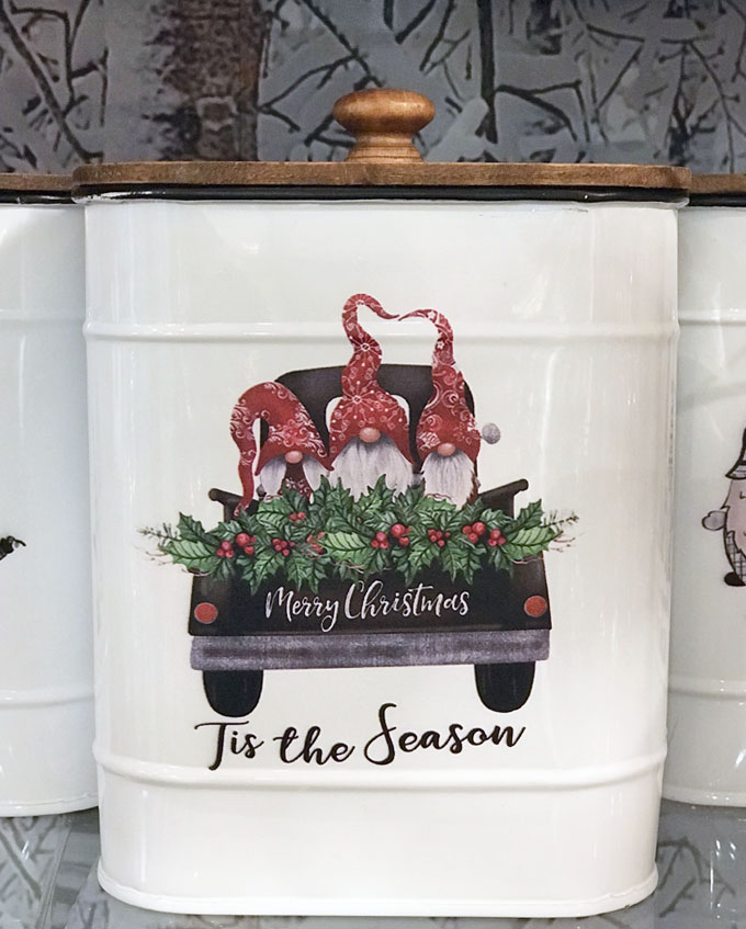 Gnome Design Canisters Metal With Wood Lids Set of 4 Assorted