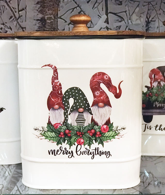 Gnome Design Canisters Metal With Wood Lids Set of 4 Assorted