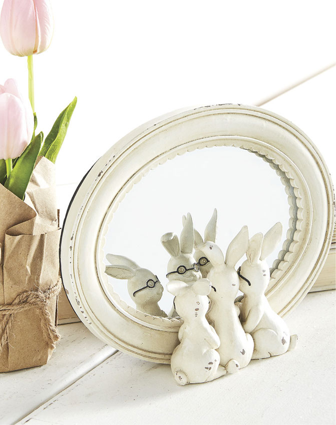 Antique White Resin Mirror Rabbits with Glasses 8.25 Inch By RAZ