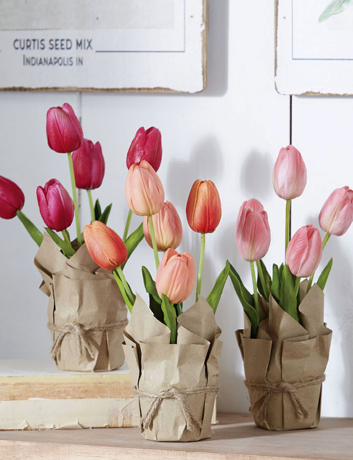 Real Touch Potted Tulips Assorted 3 Wrapped in Paper 10 Inch