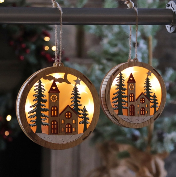 Set of 2 LED Round Cut Out Wood Ornament - 6 Hour Timer