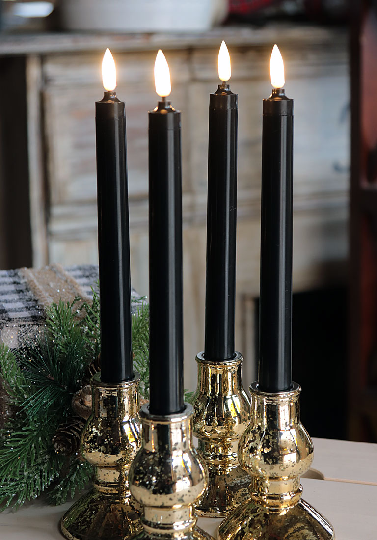 4 Pack Battery Operated Black Taper Candles 9 Inch Warm White Flame