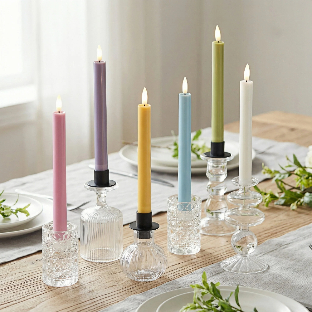 Spring Taper Candle Set (Flameless Candles) 6 Pastel Shades - Remote Included 