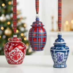 Dressed in Plaid 5" Glass Chinoiserie Ginger Jar Ornaments - Set/3 Assorted - NEW 2026