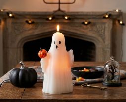 10" Ghost with Pumpkin Flameless Wax Candle - Timer - NEW 2026