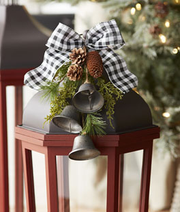 Buffalo Check Bow With Bells, Greenery and Pinecones - 13 Inch For Gifts and Lanterns
