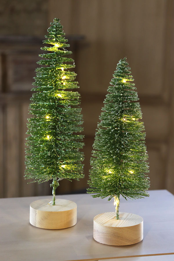 Lighted Bottle Brush Trees Battery Operated Set of 2 Green with Timer 10.75 Inch