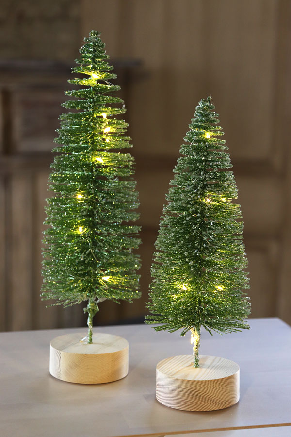 Lighted Bottle Brush Trees Battery Operated - Set of 2 Green with Timer 10.75 Inch