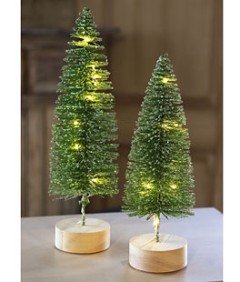 Lighted Bottle Brush Trees Battery Operated - Set of 2 Green with Timer 10.75 Inch