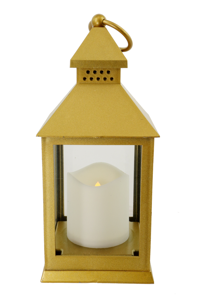 Battery Operated Gold Candle Lantern 9.5 Inch With 8 Hour Timer