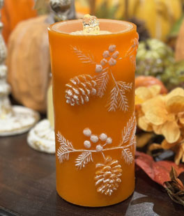 Fountain Candle - Orange Wax With White Pinecone and Berries - Remote Control